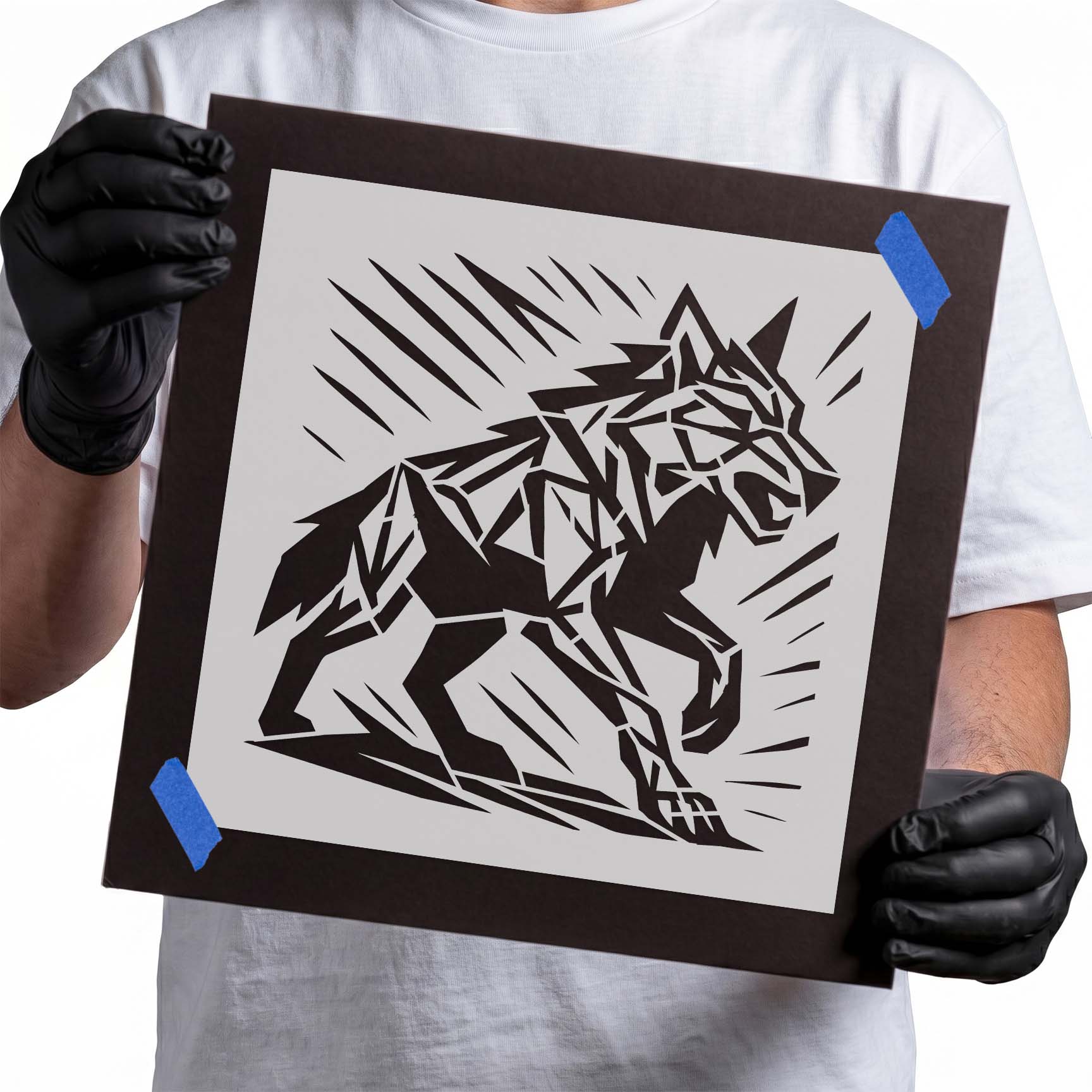 Geometric wolf stencil with angular lines and fierce expression

