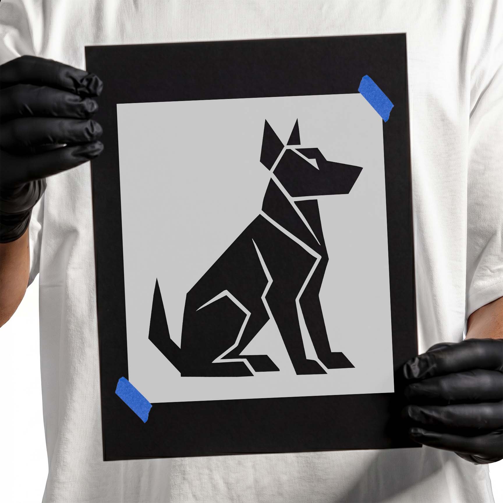 Geometric Sitting Dog Stencil with modern polygon design
