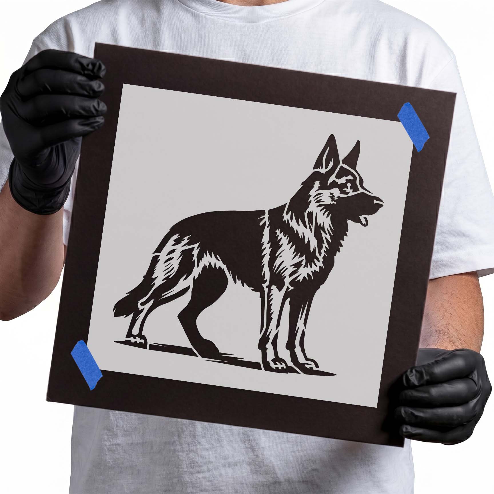 Standing German Shepherd dog side profile stencil with detailed fur