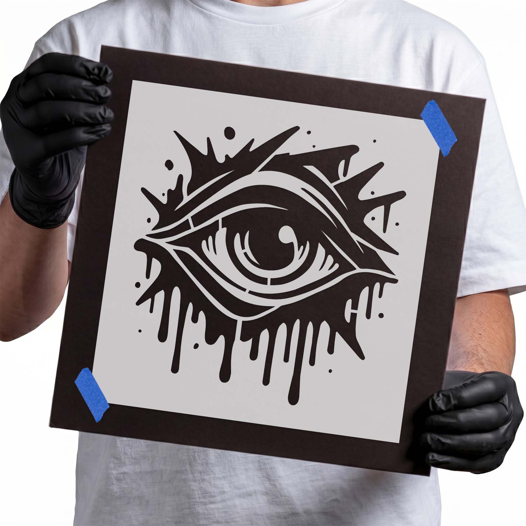 Graffiti-style eye stencil with bold paint splashes, dripping details, and urban street art design