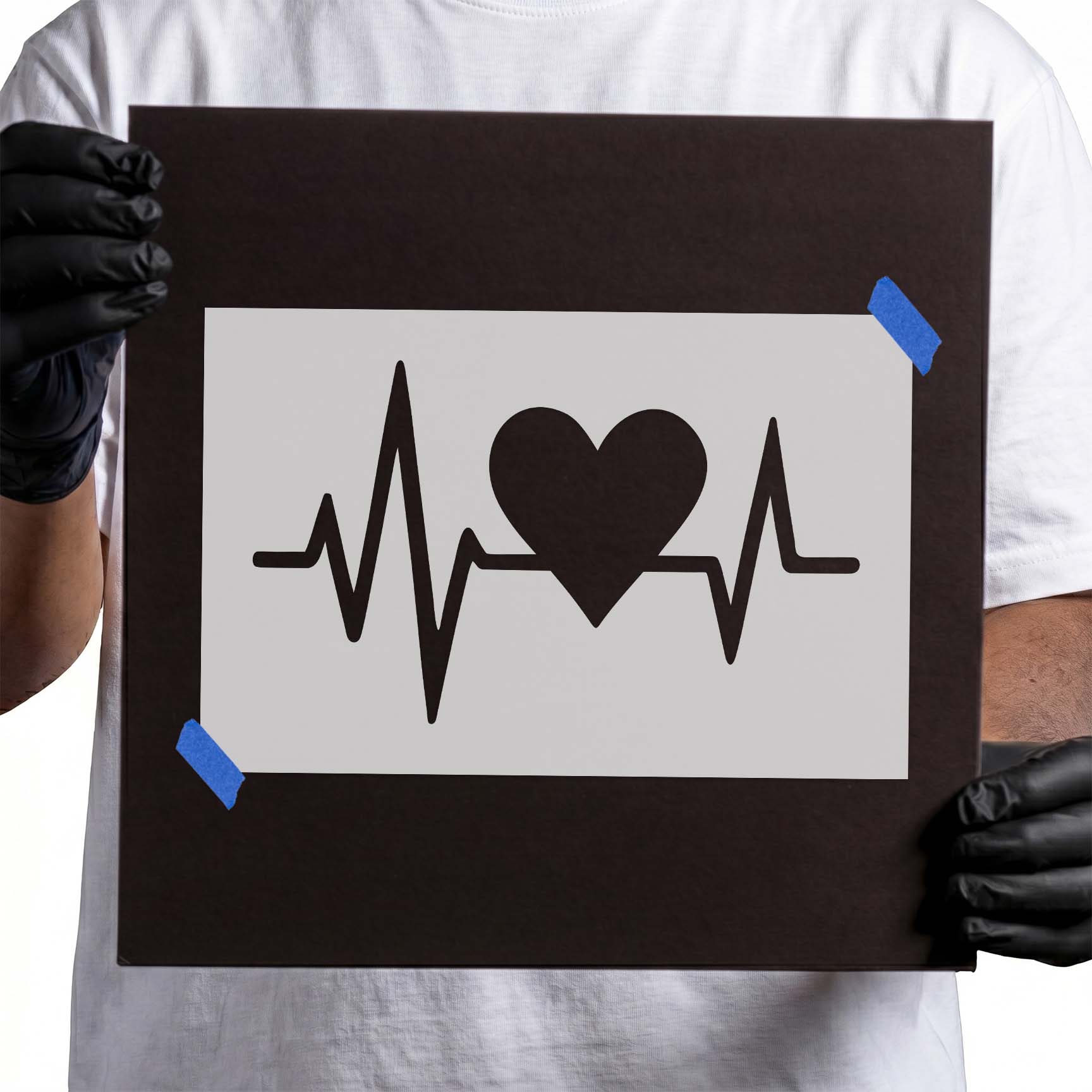 Heart connected to an ECG heartbeat pulse line stencil design
