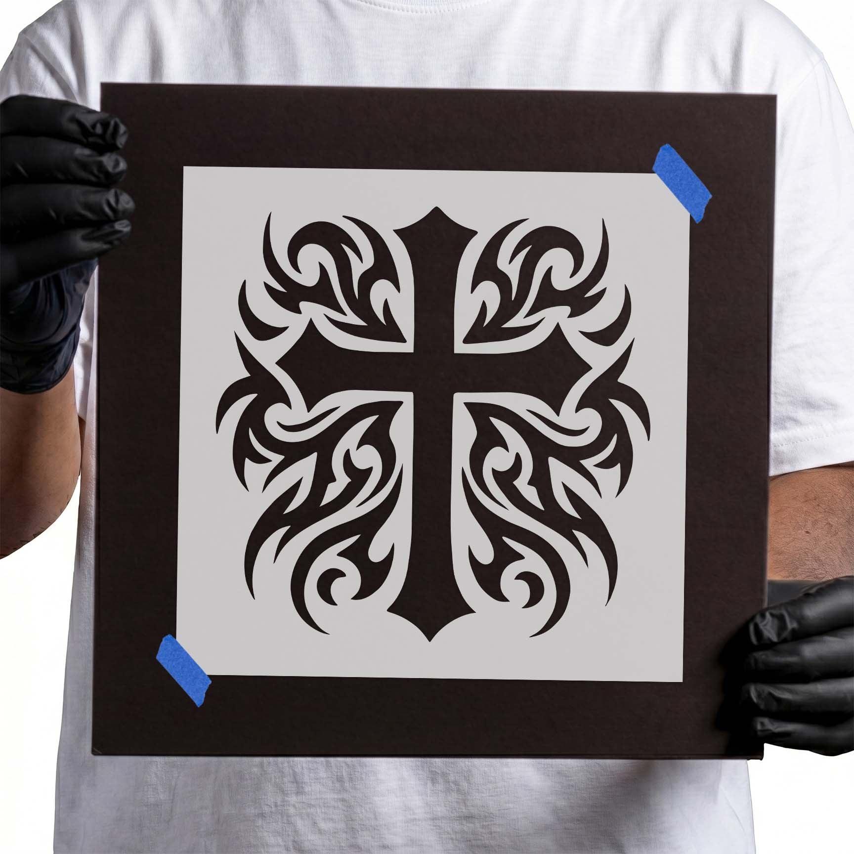 Heritage tribal cross stencil with decorative swirling flourishes