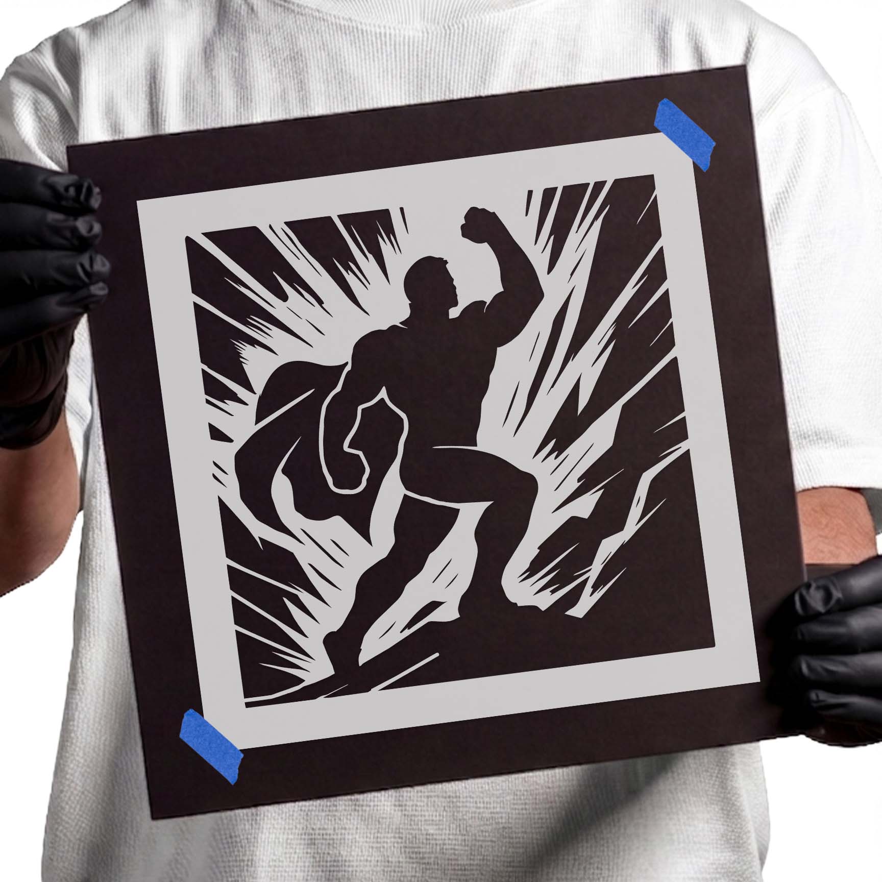 Heroic superhero silhouette with raised fist and cape stencil
