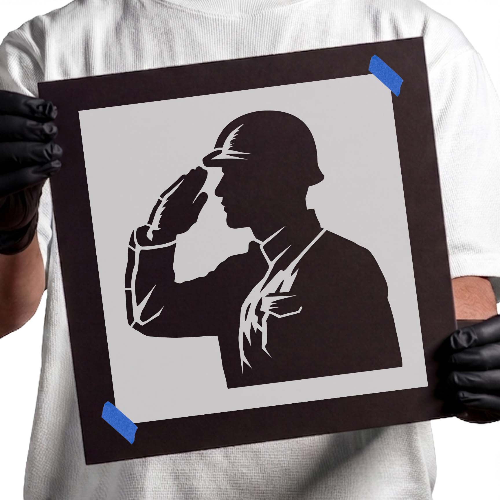 Honor guard silhouette giving a formal salute reusable stencil
