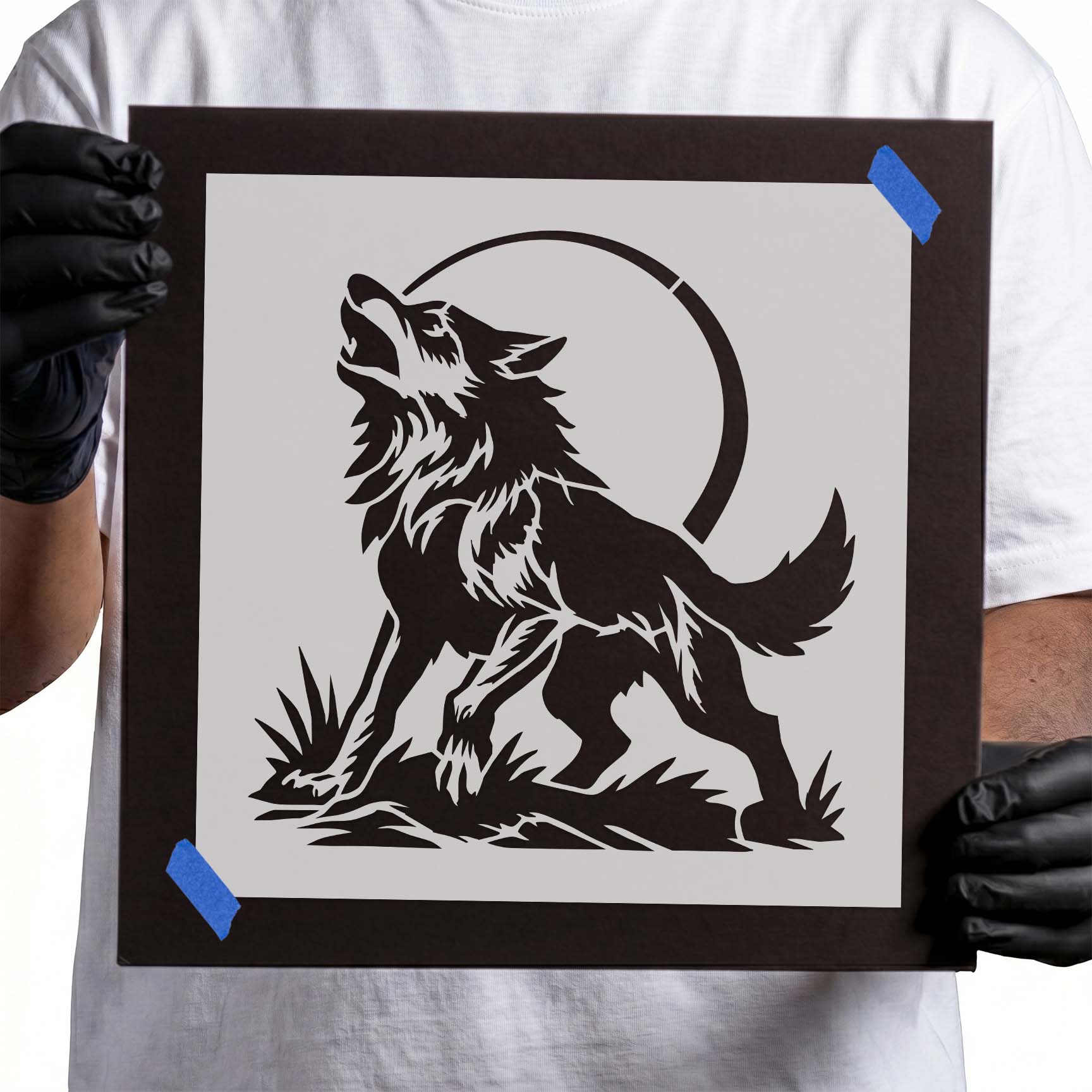 Howling wolf under full moon stencil design
