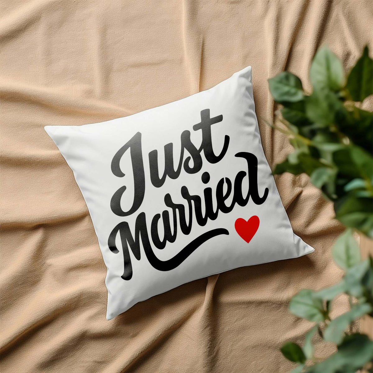 Just Married Script stencil with romantic lettering and red heart on pillow