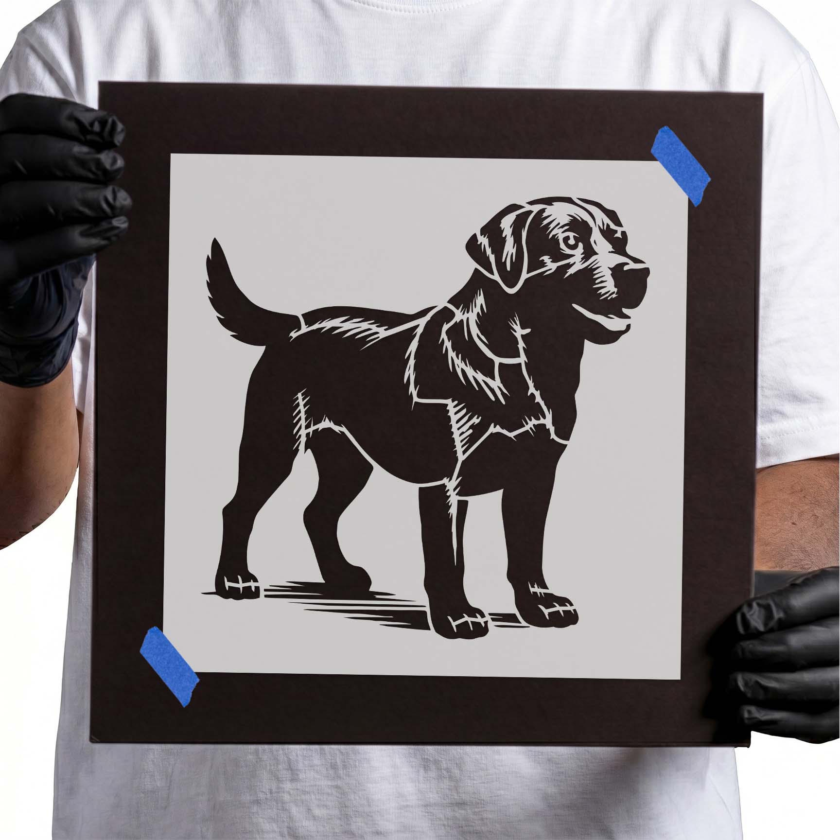Standing Labrador Retriever dog with detailed fur stencil design
