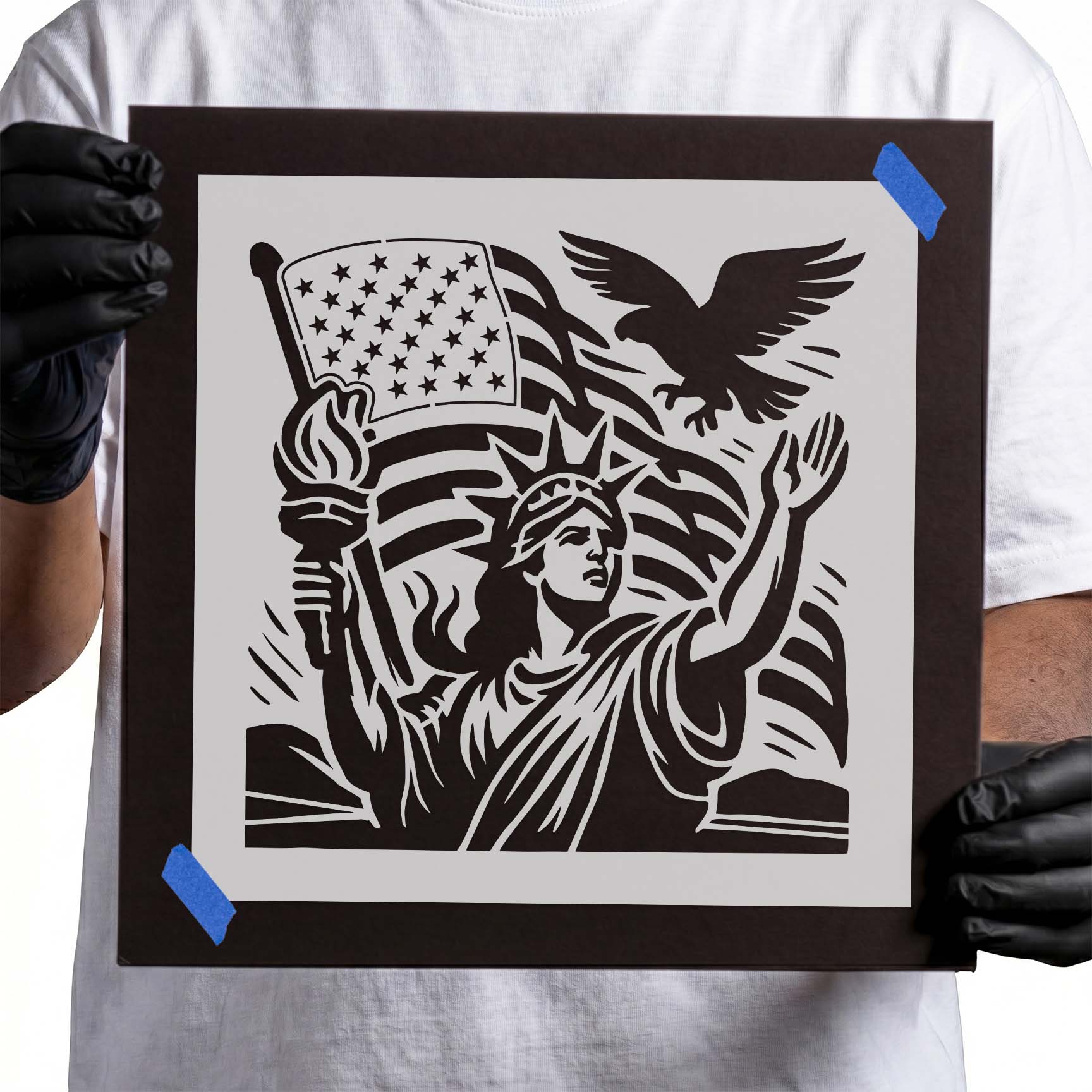 Statue of Liberty with American flag and eagle stencil
