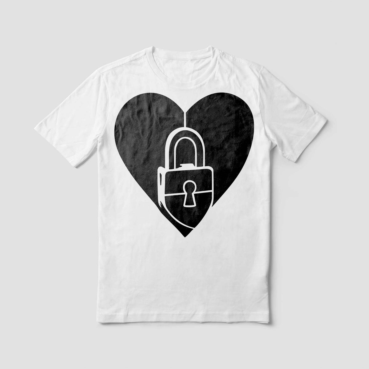 Bold Love Lock Heart Stencil adds a black heart and padlock graphic to a crisp white T-shirt