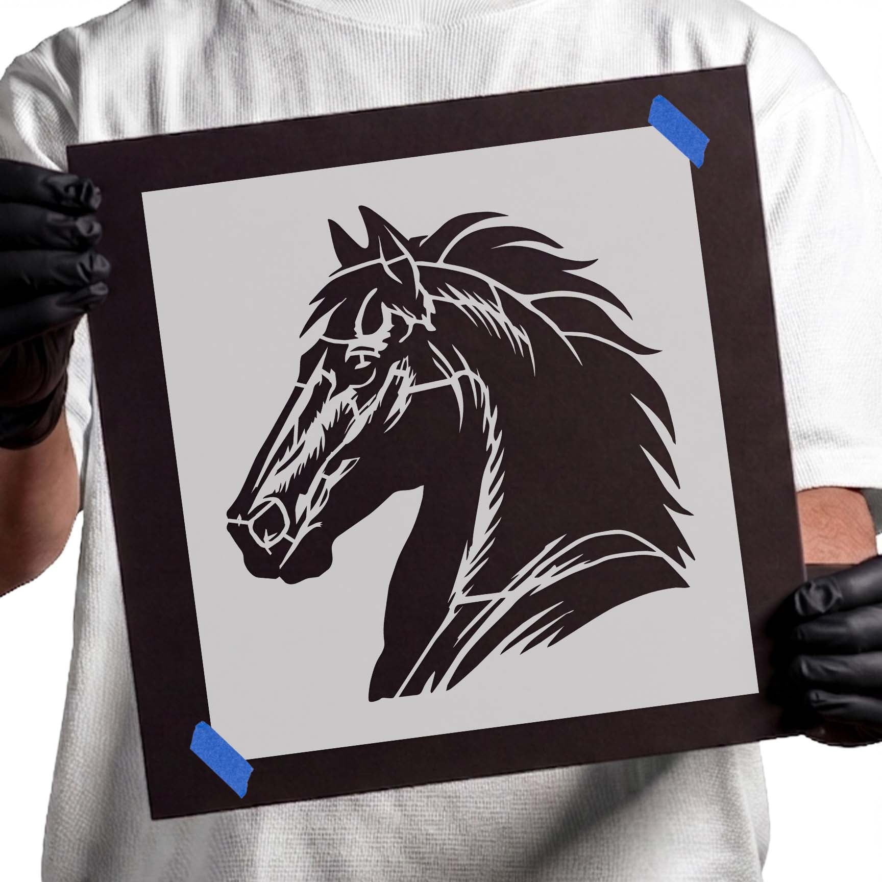 Detailed horse head profile stencil with flowing mane design
