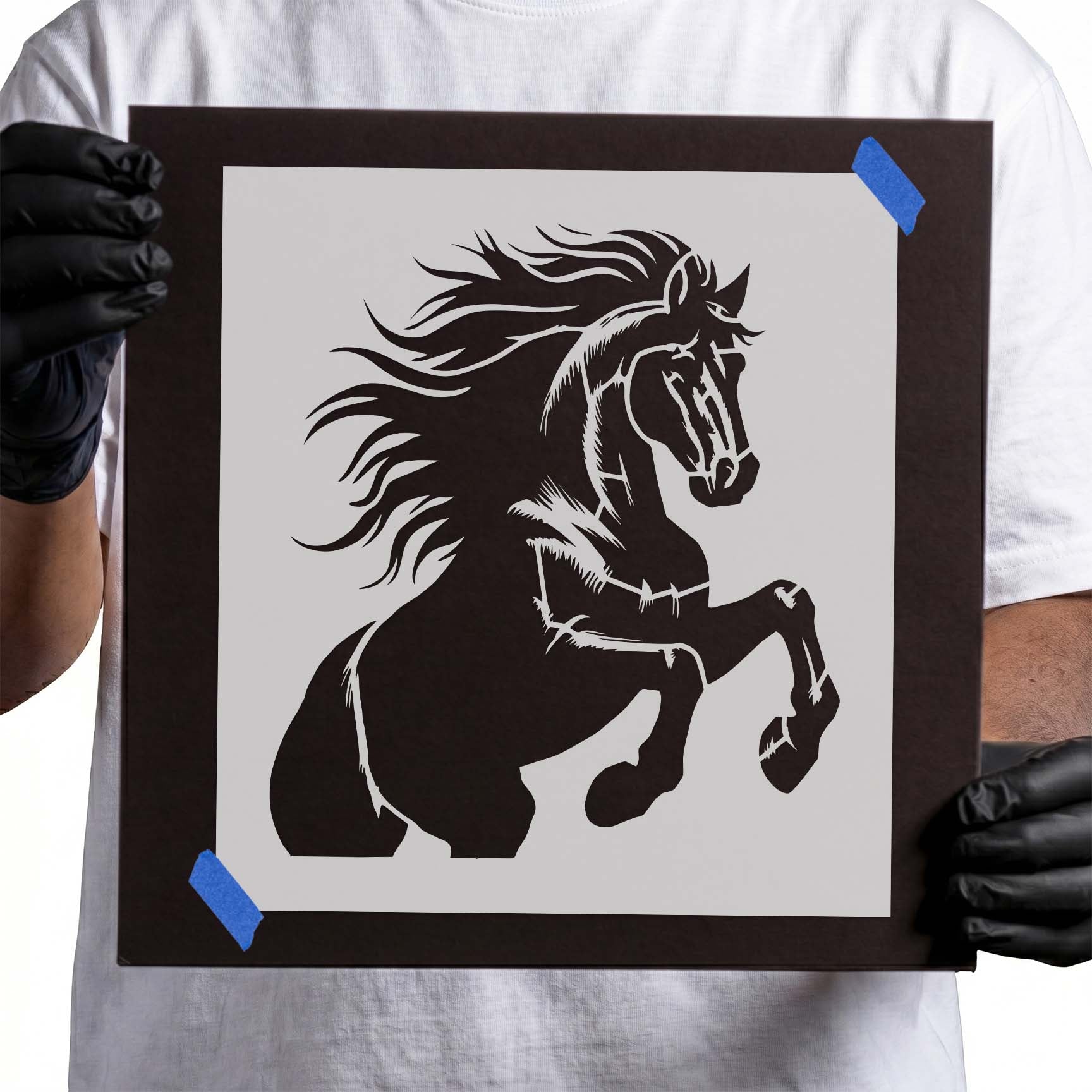 Rearing stallion with flowing mane stencil design
