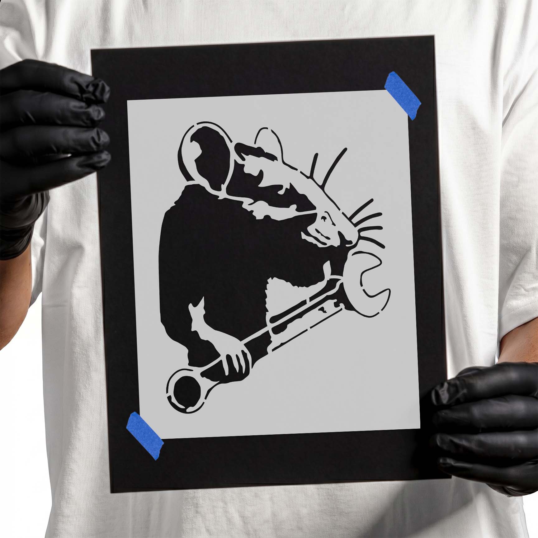 Detailed mechanic rat stencil holding a large wrench with bold cartoon-style features