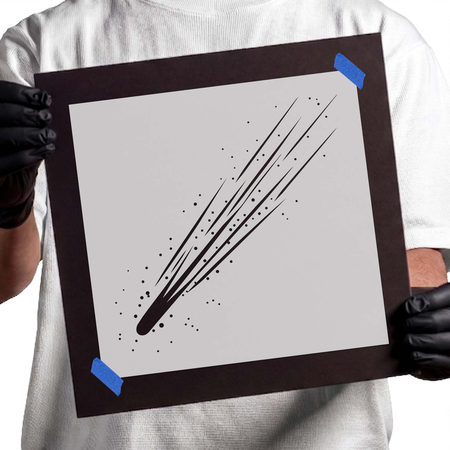 Meteor streak with long trail and scattered particles stencil design

