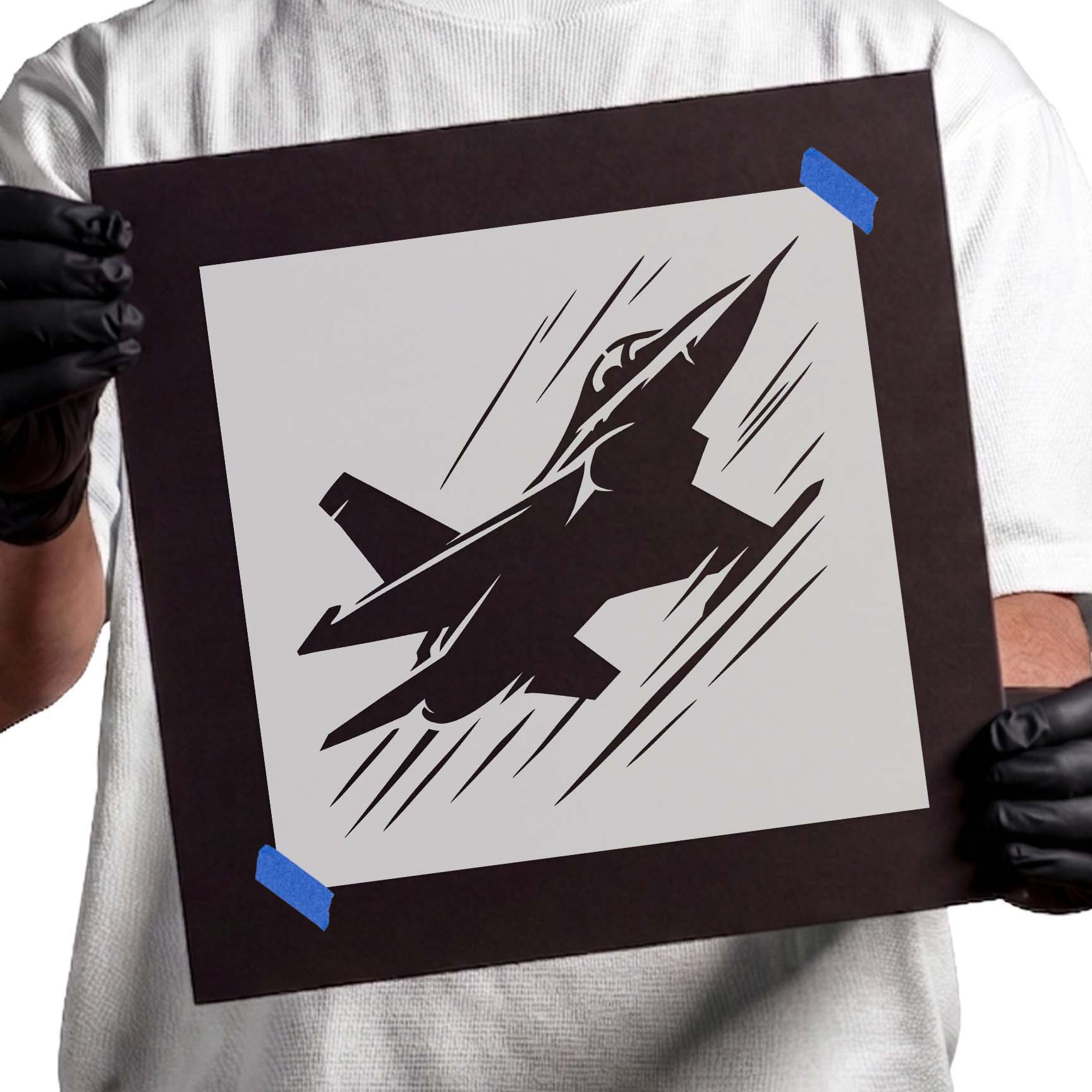 Modern fighter jet soaring with dynamic motion lines.
