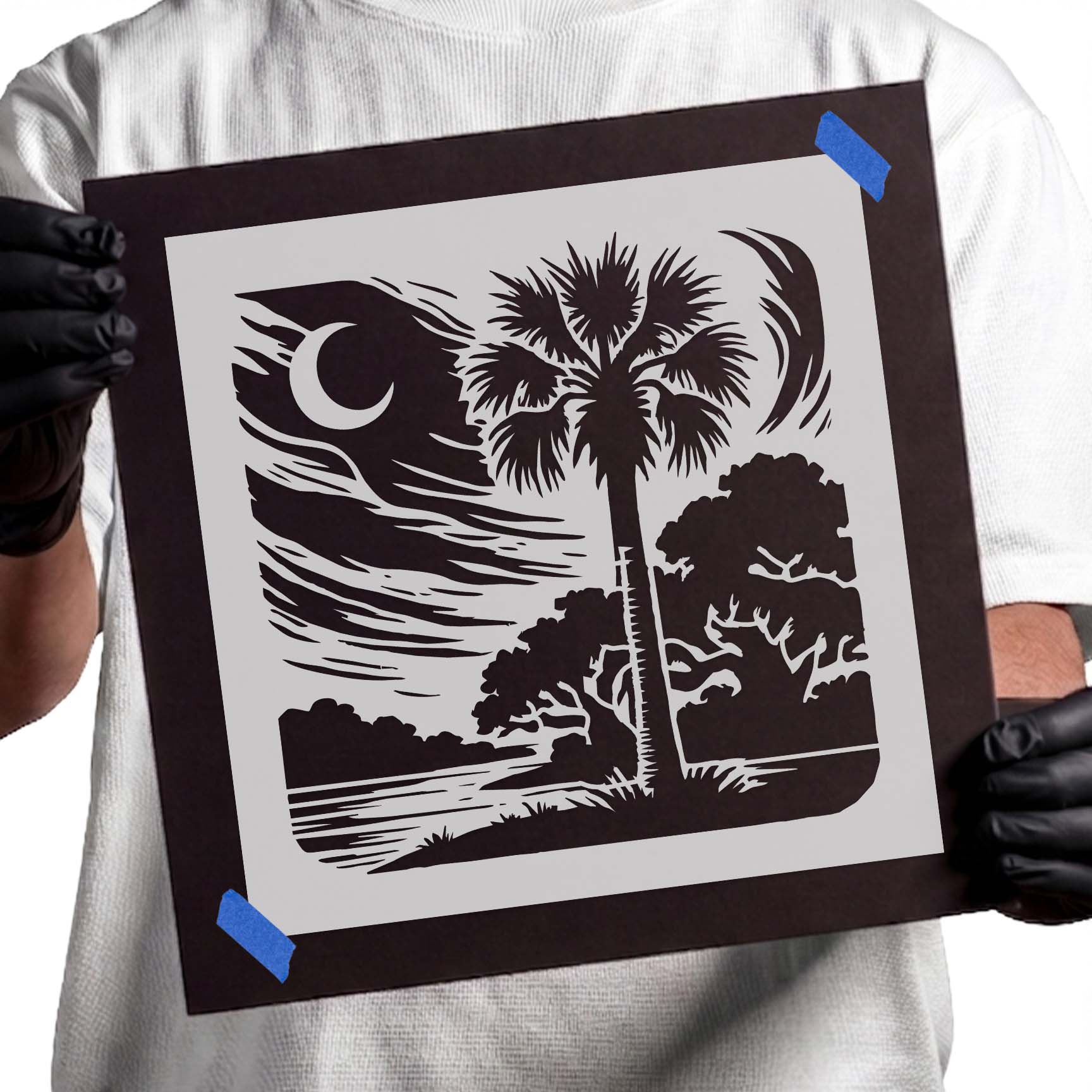 Moonlit palmetto tree with oak trees landscape stencil
