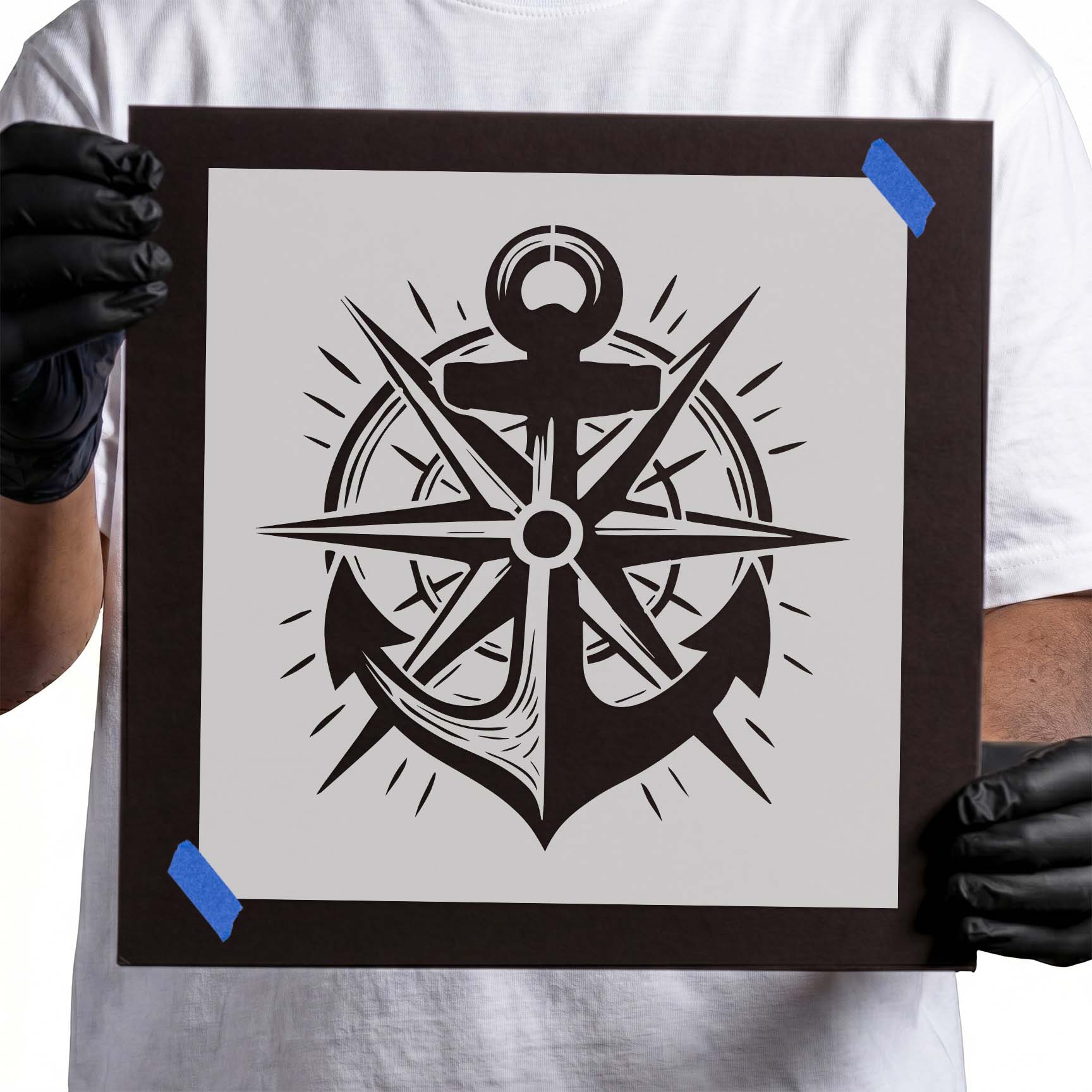 Nautical anchor stencil layered over a pointed compass rose design