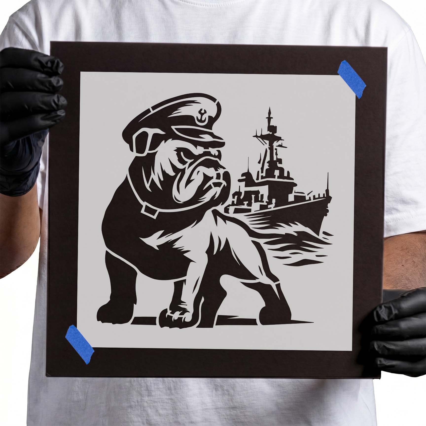 Bulldog wearing naval cap with battleship stencil design
