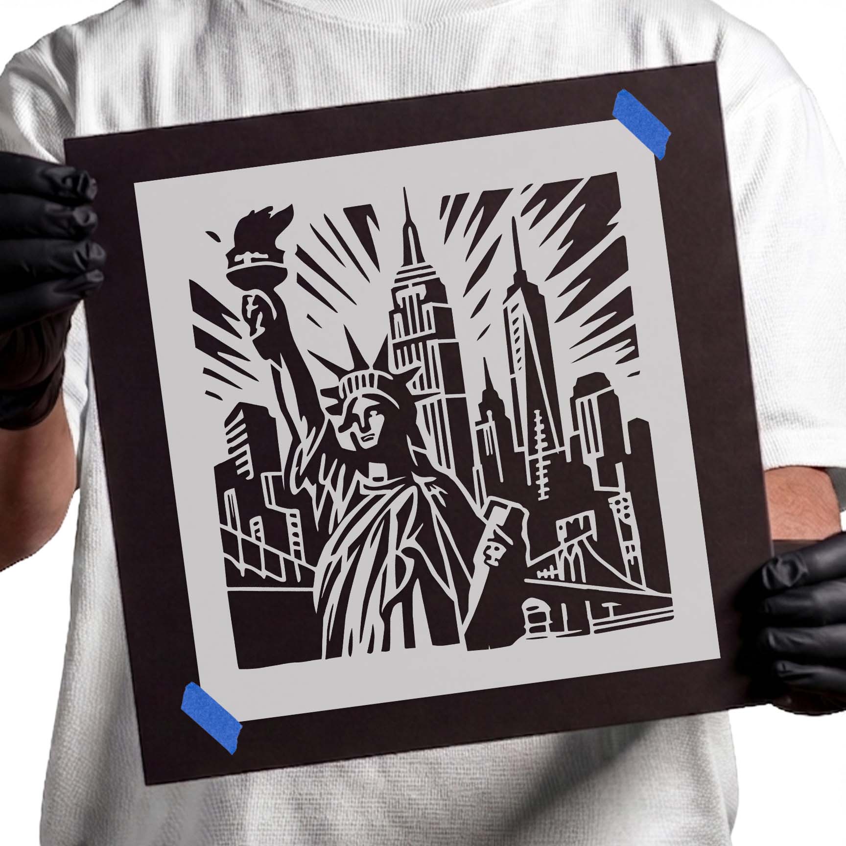 New York skyline stencil featuring the Statue of Liberty
