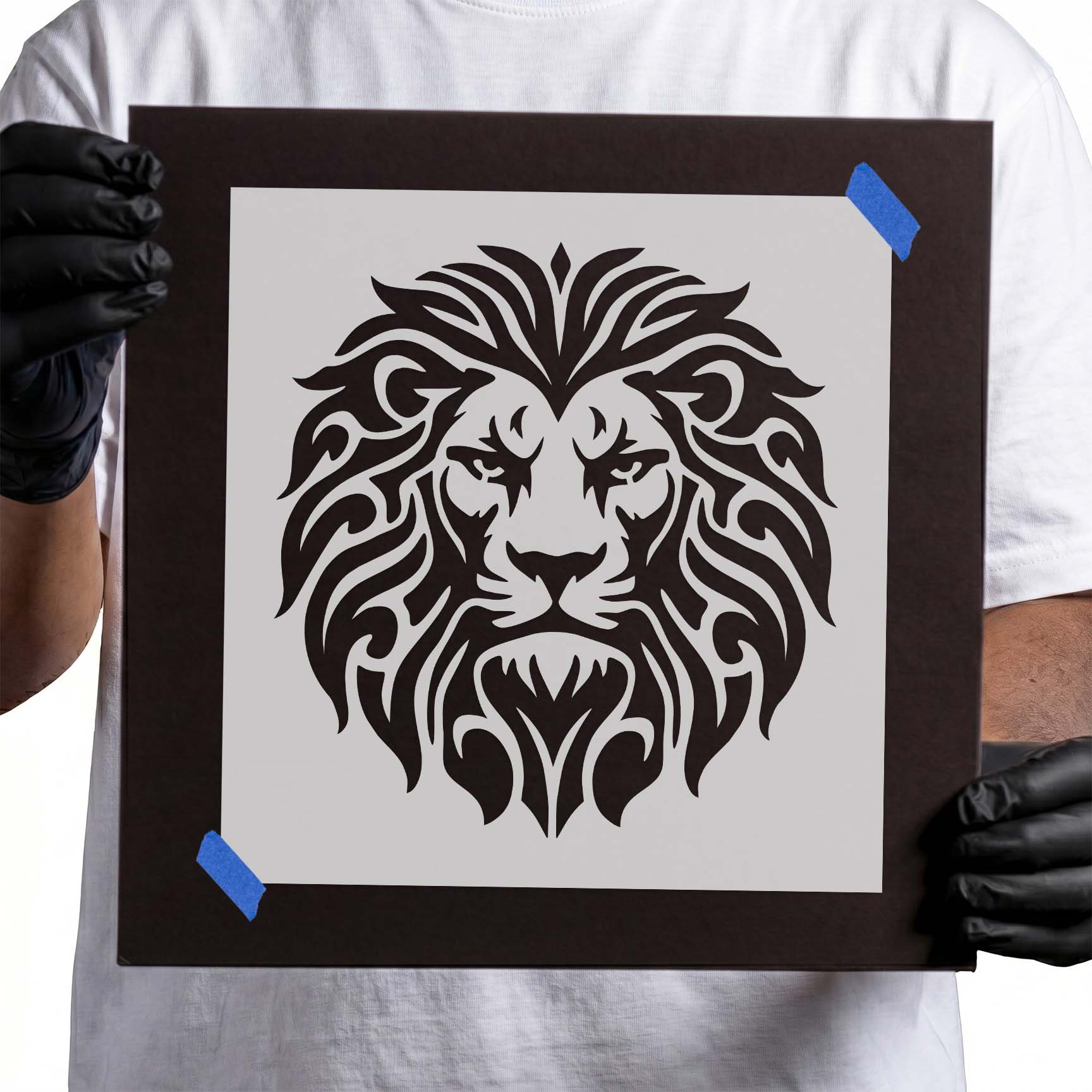 Ornamental Lion Head Stencil featuring an intricate tribal mane and symmetrical lion face design.