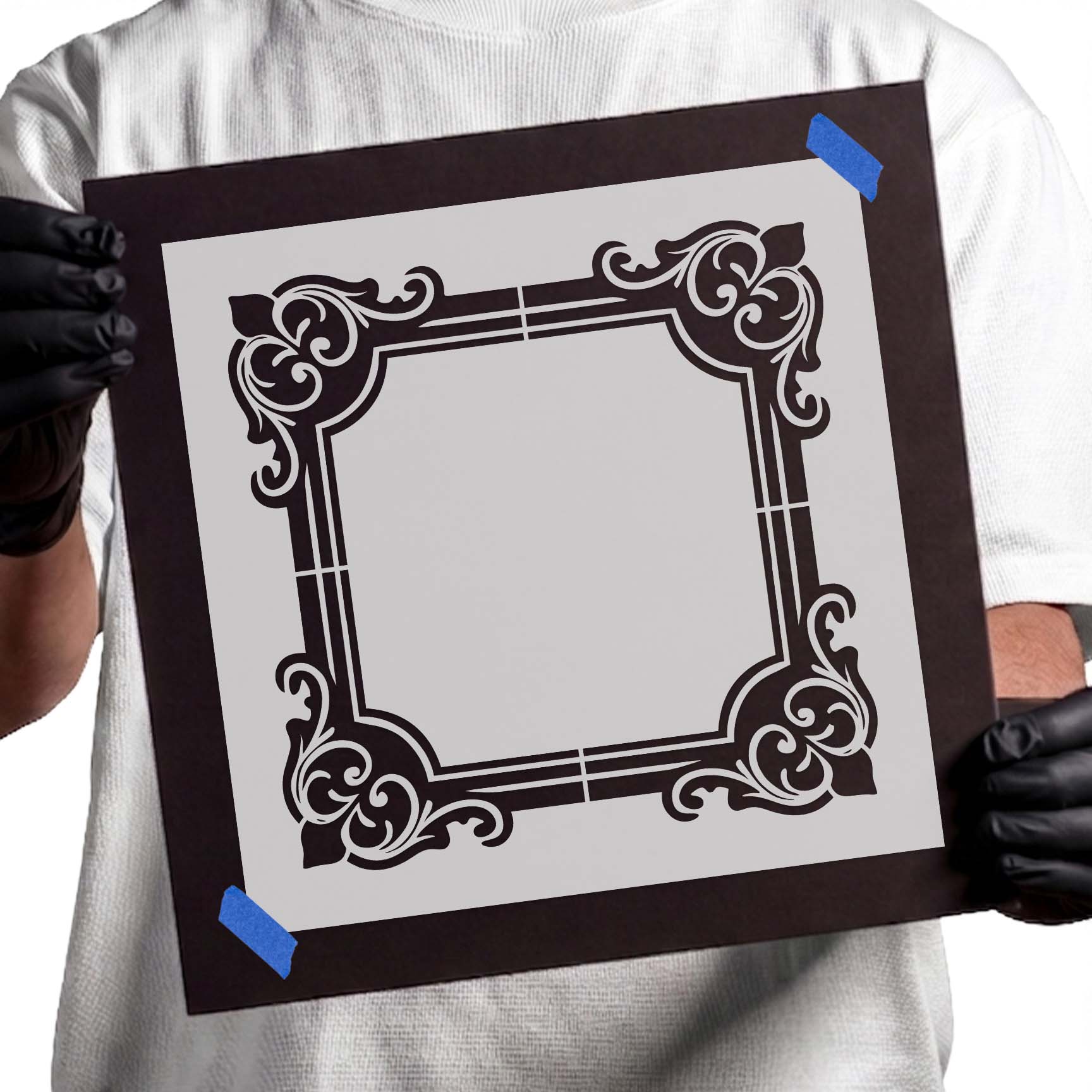 Ornate corner border frame stencil with elegant scrollwork design
