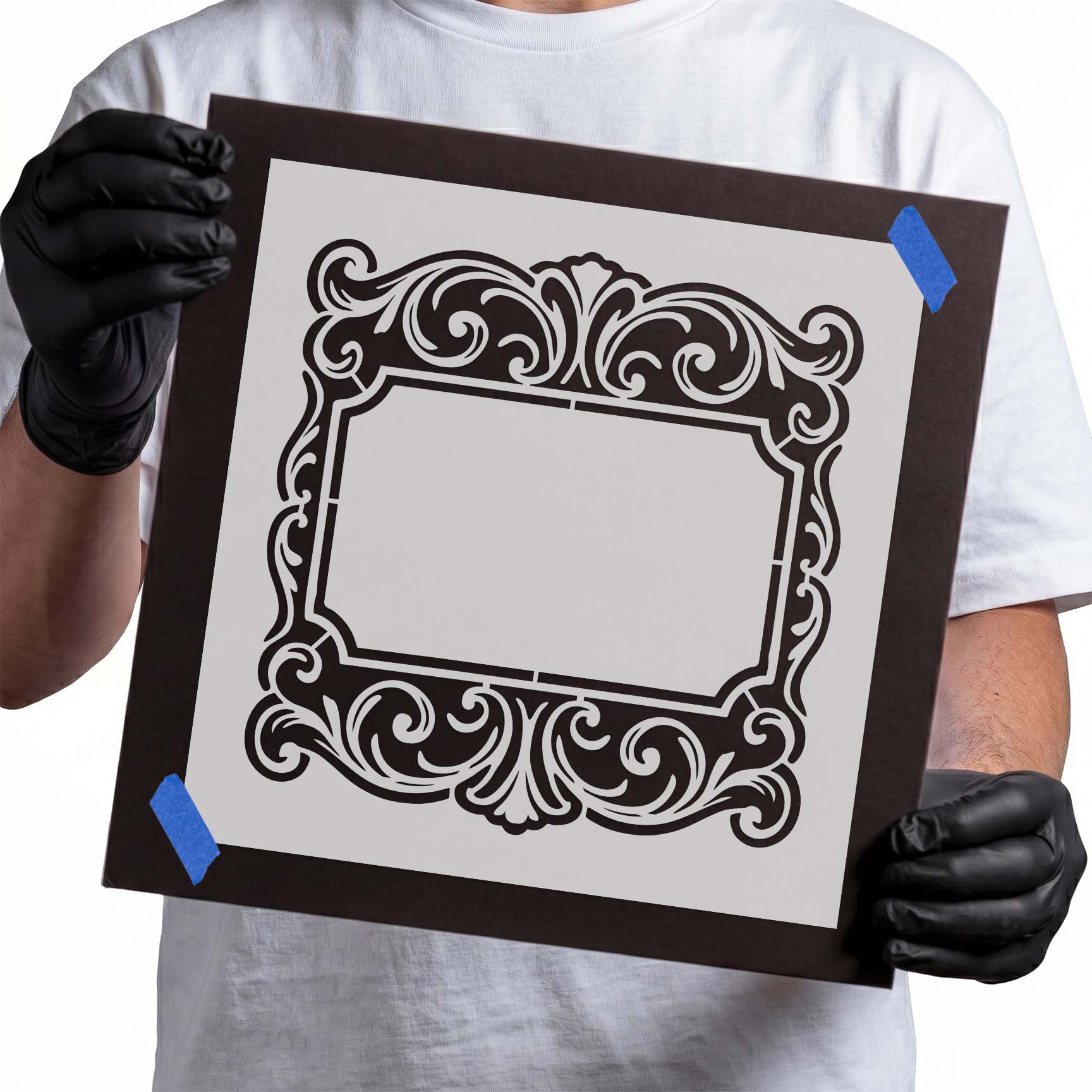 Ornate decorative frame stencil with blank center for custom names

