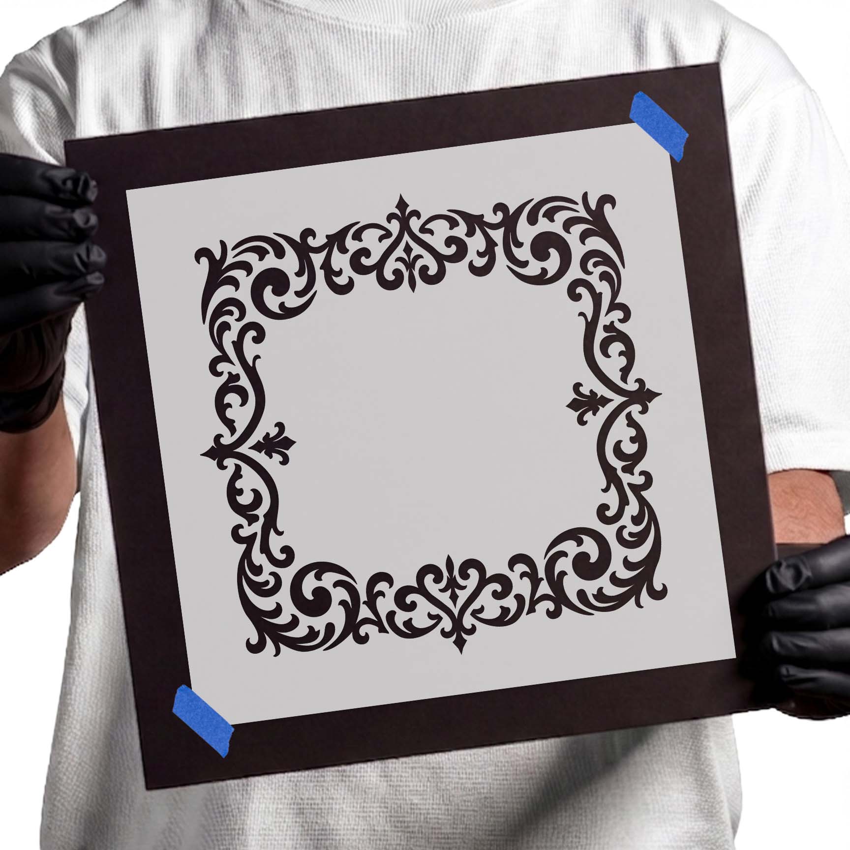 Ornate gothic filigree square border stencil with scrollwork