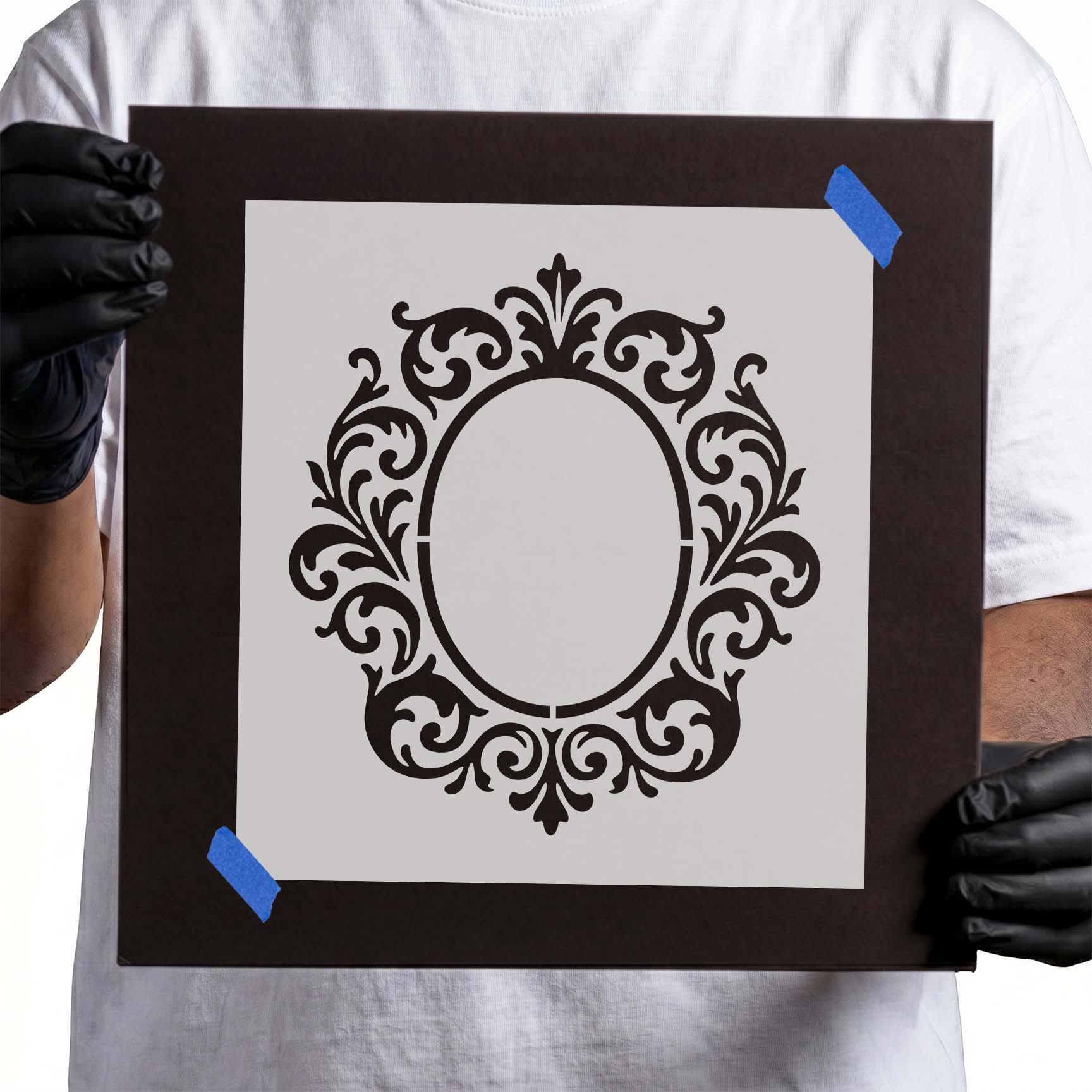 Ornate Monogram Frame Stencil featuring an oval center surrounded by decorative scrollwork
