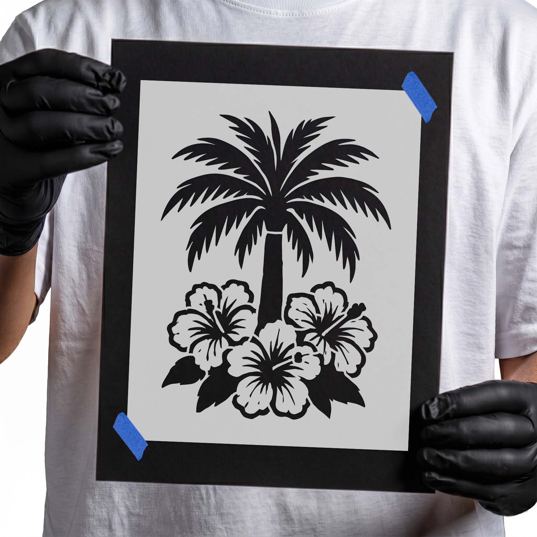Palm tree with three hibiscus flowers tropical stencil
