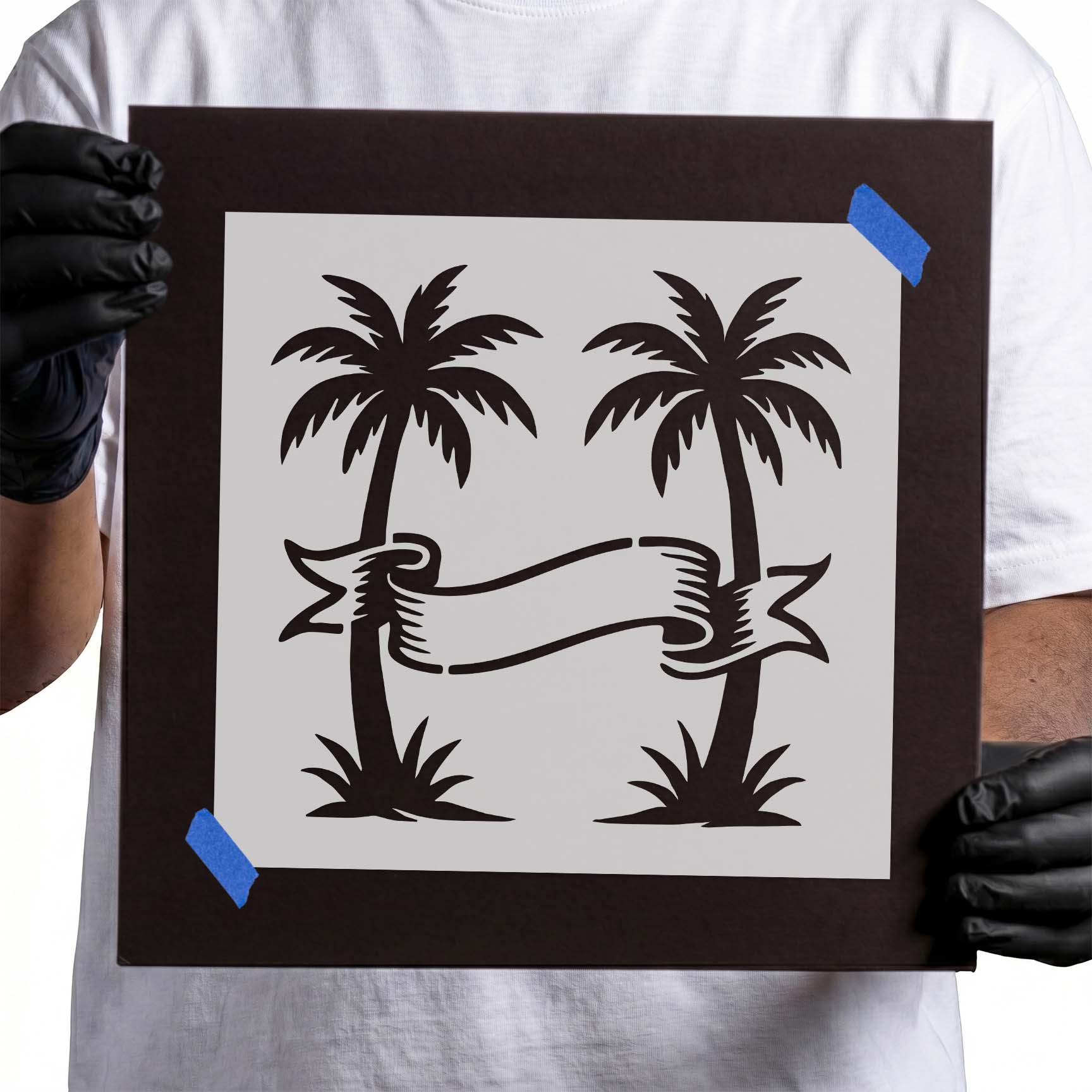 Two tropical palm trees framing a blank ribbon banner for custom designs.