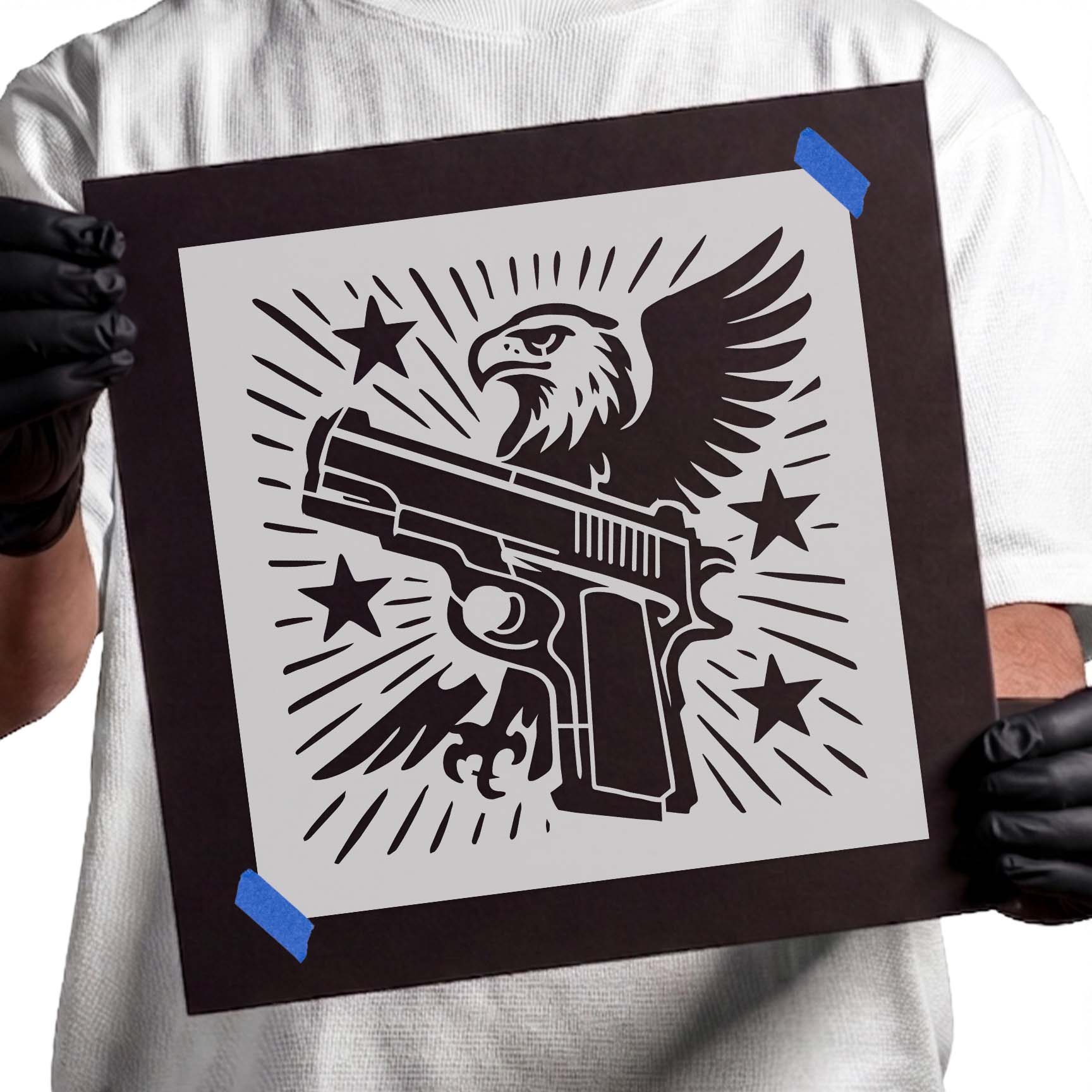 Patriotic eagle with handgun and stars stencil