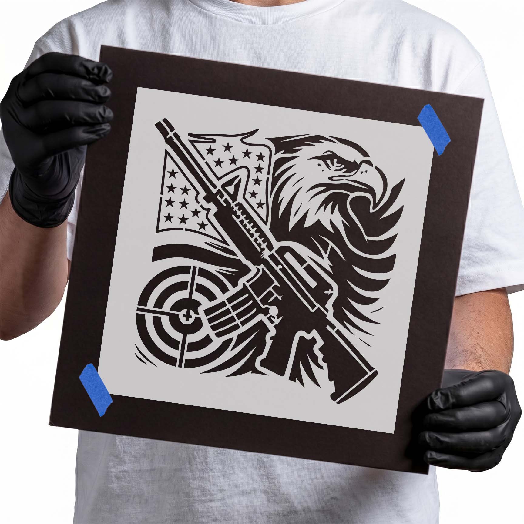 Patriotic eagle and rifle stencil with American flag

