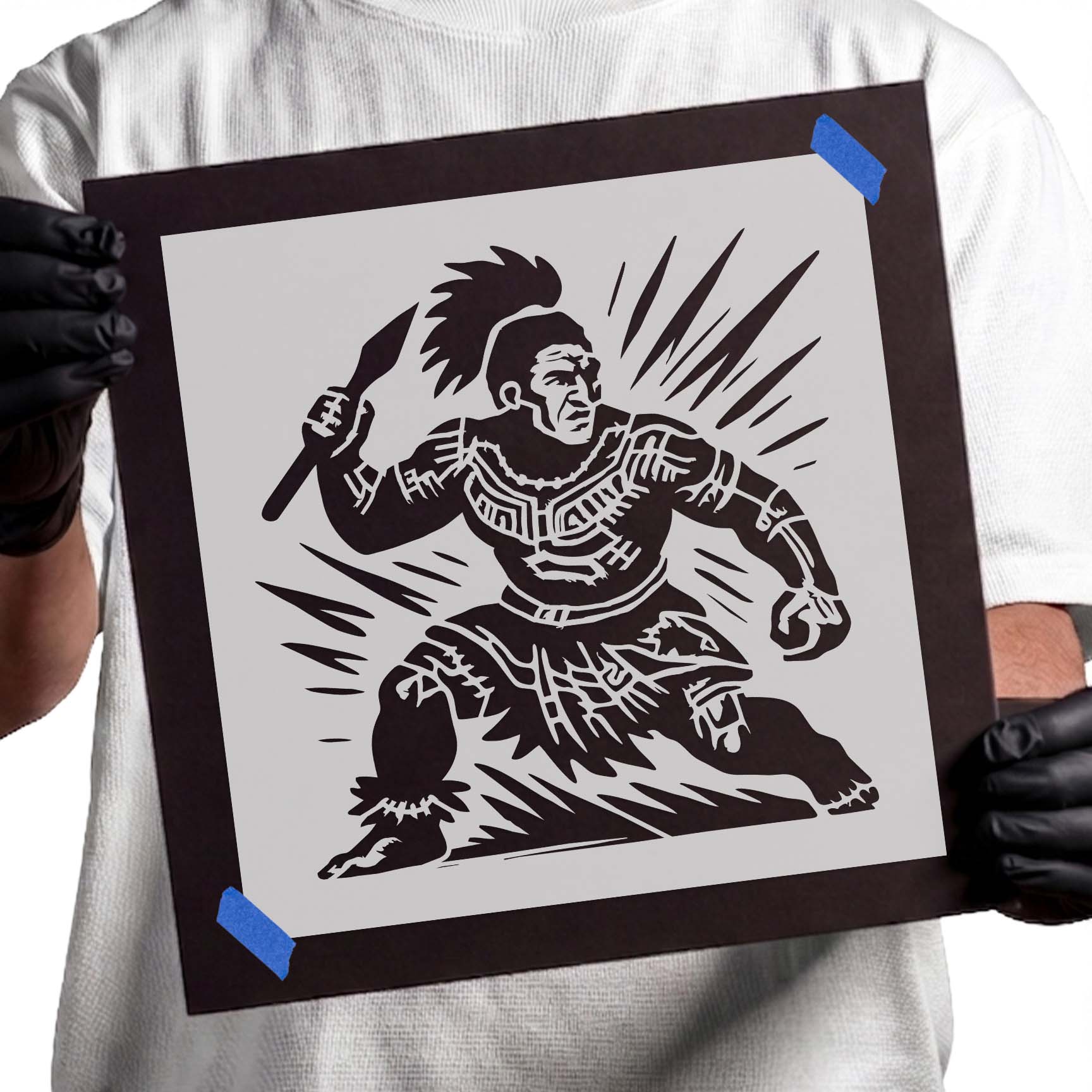 Polynesian warrior stencil holding raised spear in dynamic fighting stance
