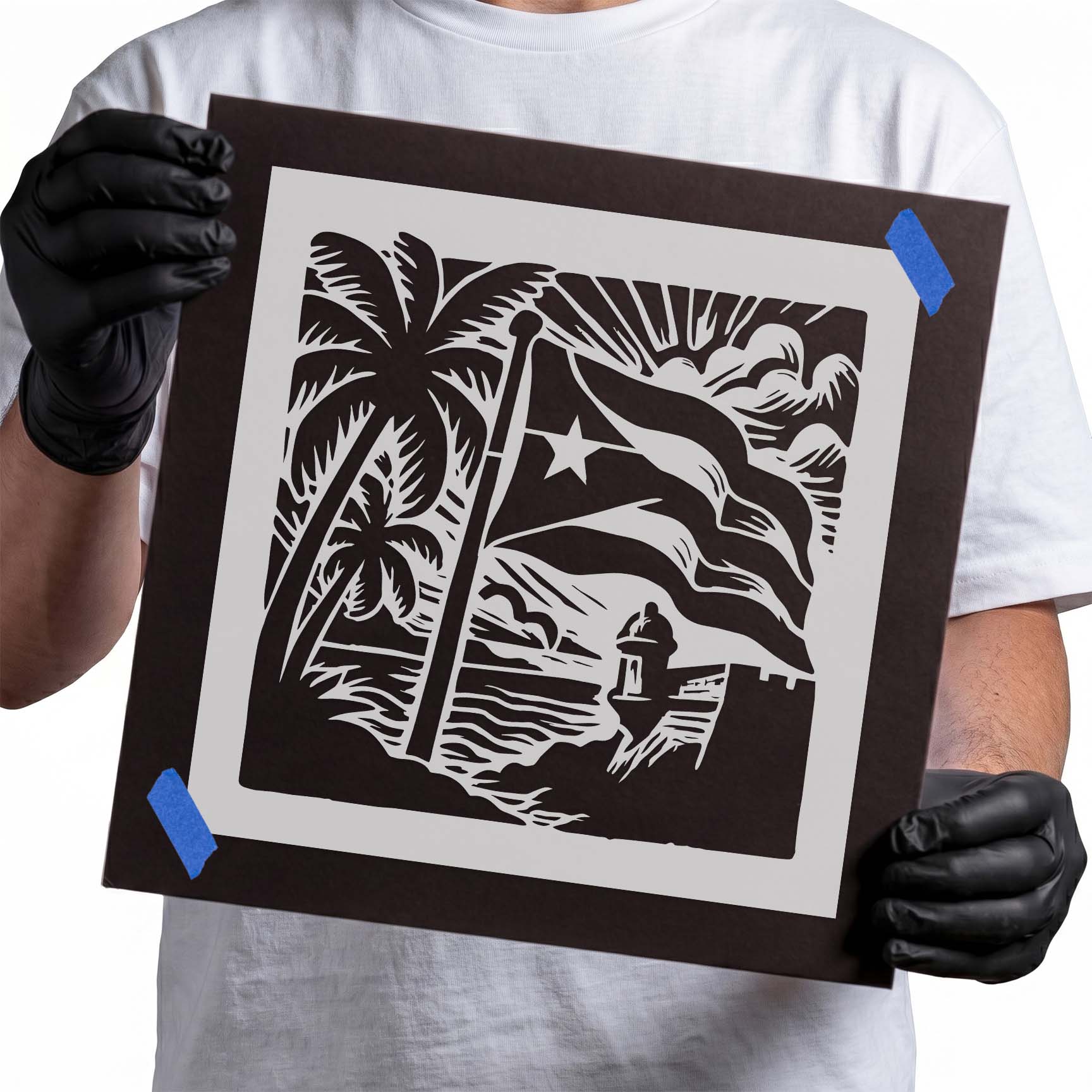 Puerto Rican flag with palm trees and coastal fortress stencil
