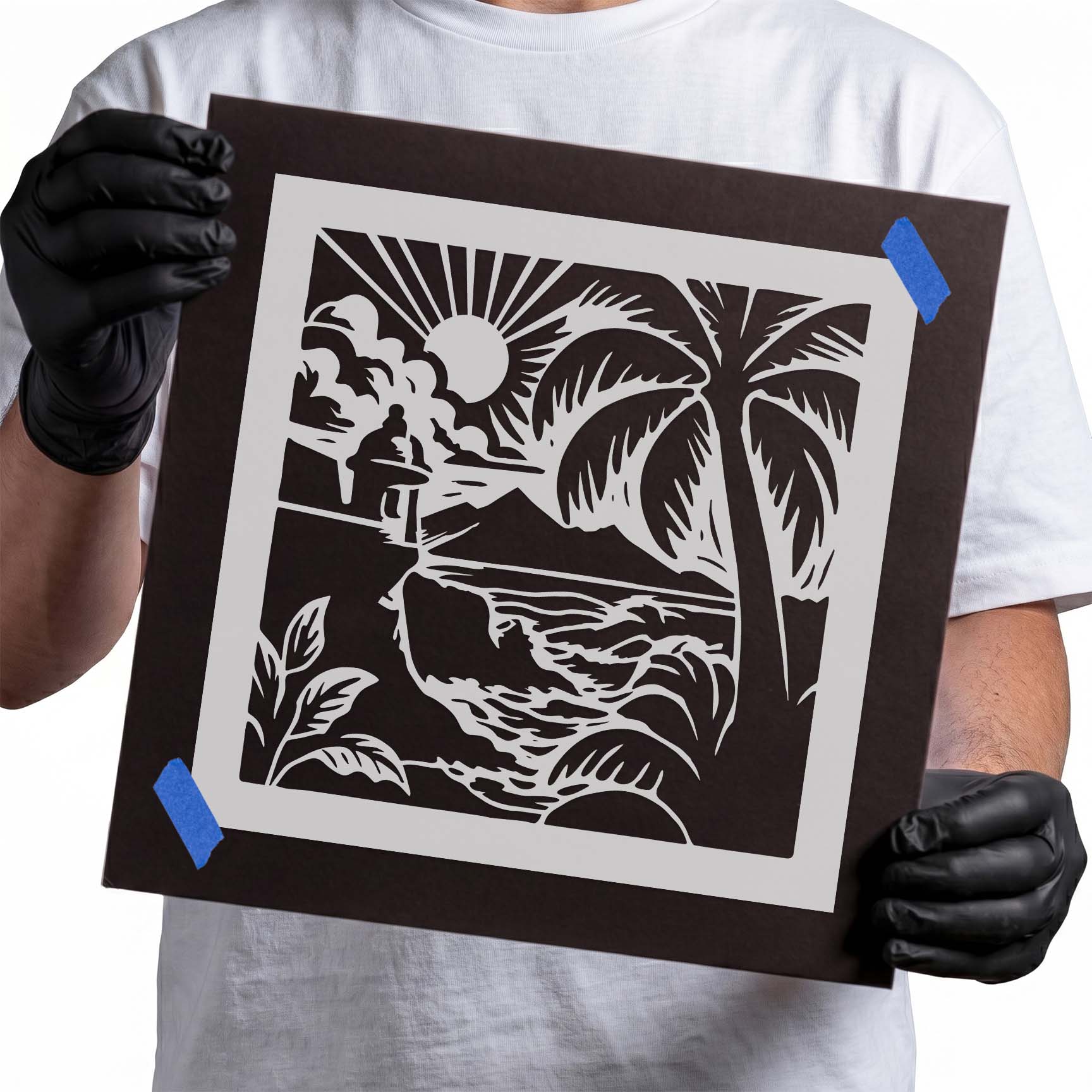 Puerto Rico coastline stencil with palm tree and watchtower
