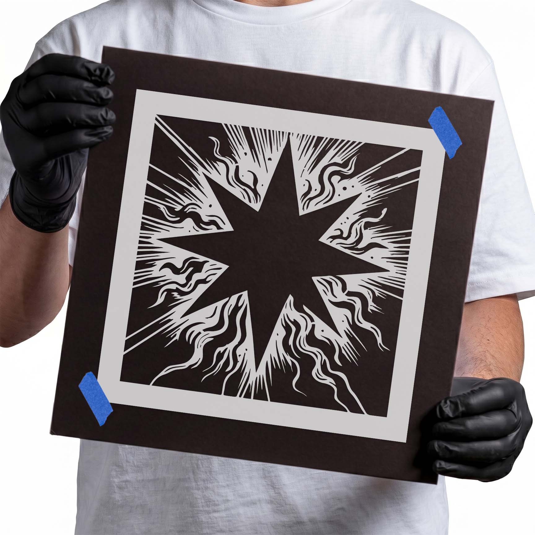 Eight-point star stencil with radiant beams and flowing accents
