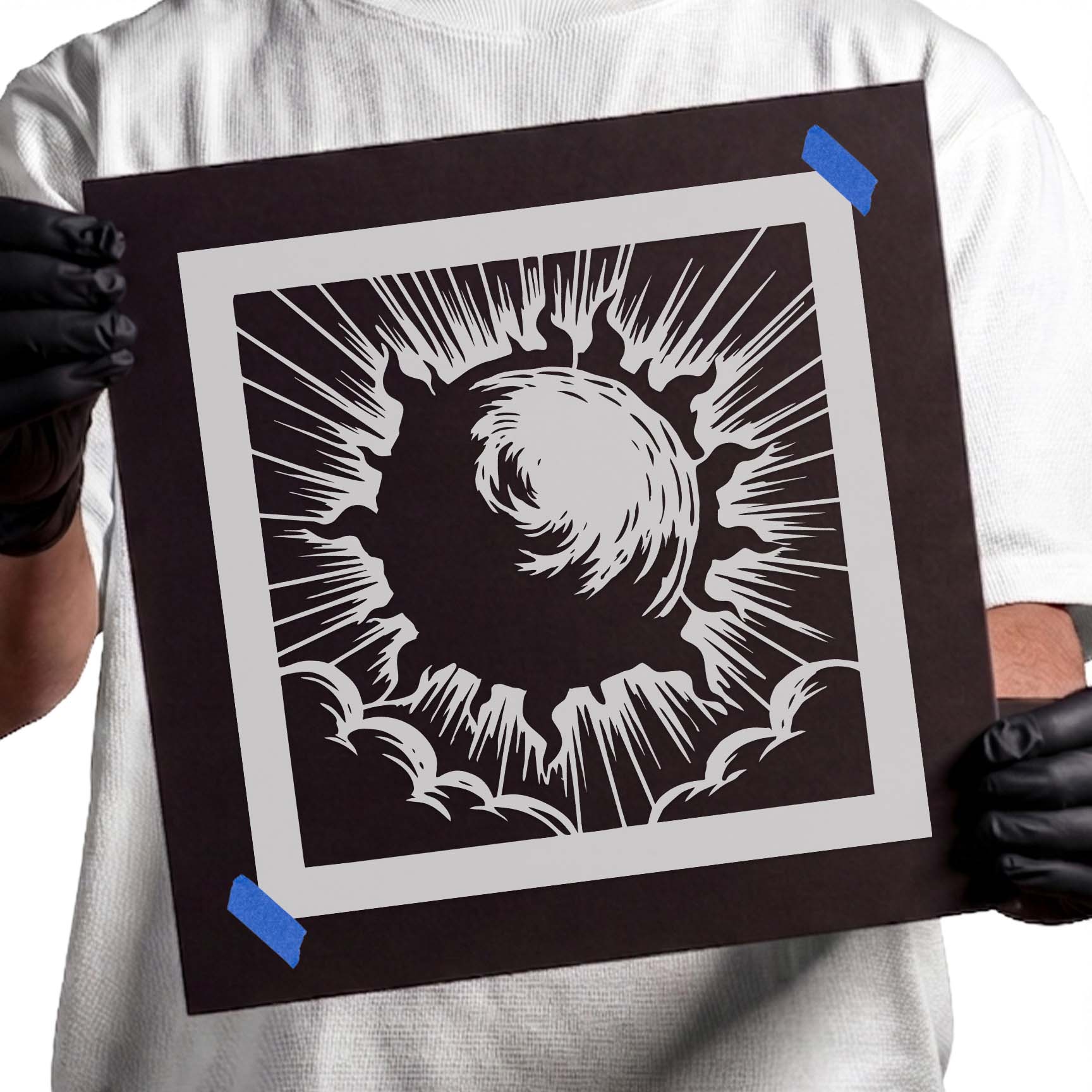 Radiant sun with bold rays and clouds stencil design