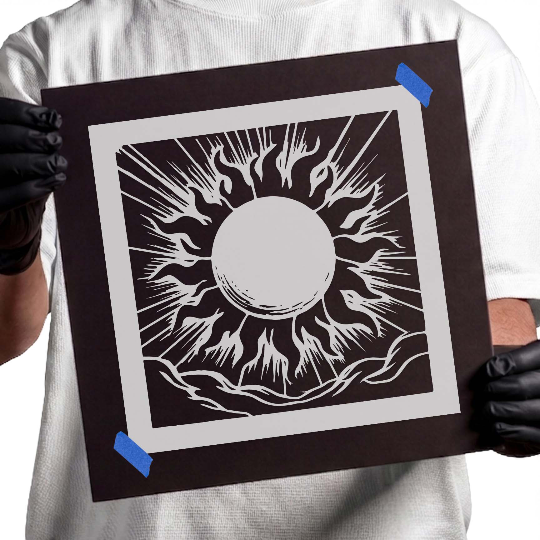 Radiant sun stencil with flame-like rays and dramatic light beams
