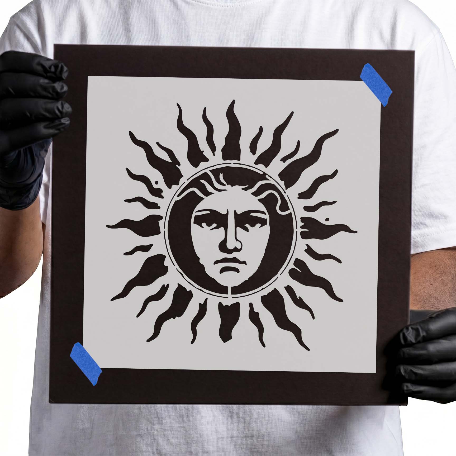 Celestial sun face with flowing radiant rays

