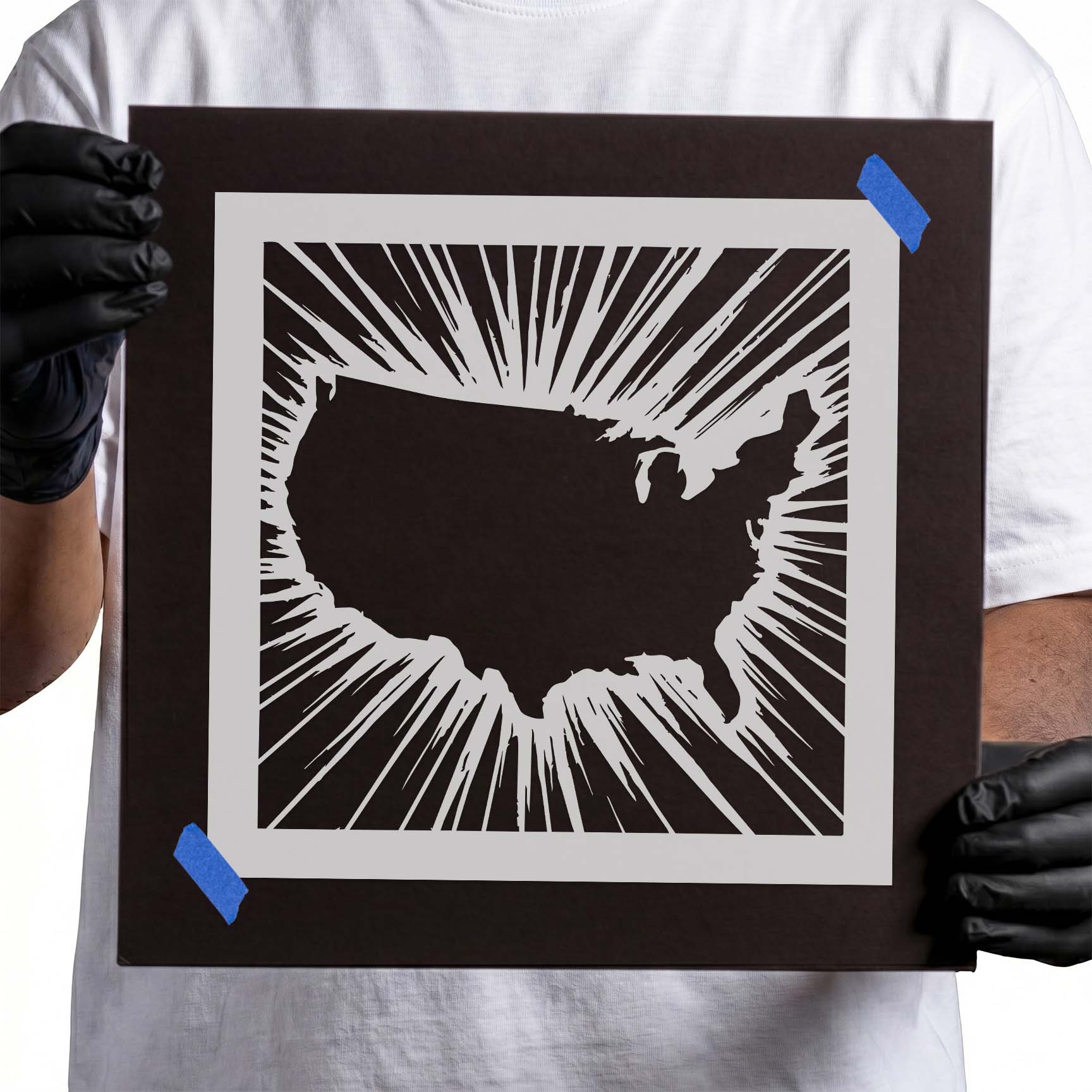 United States map stencil with bold radiating sunburst rays