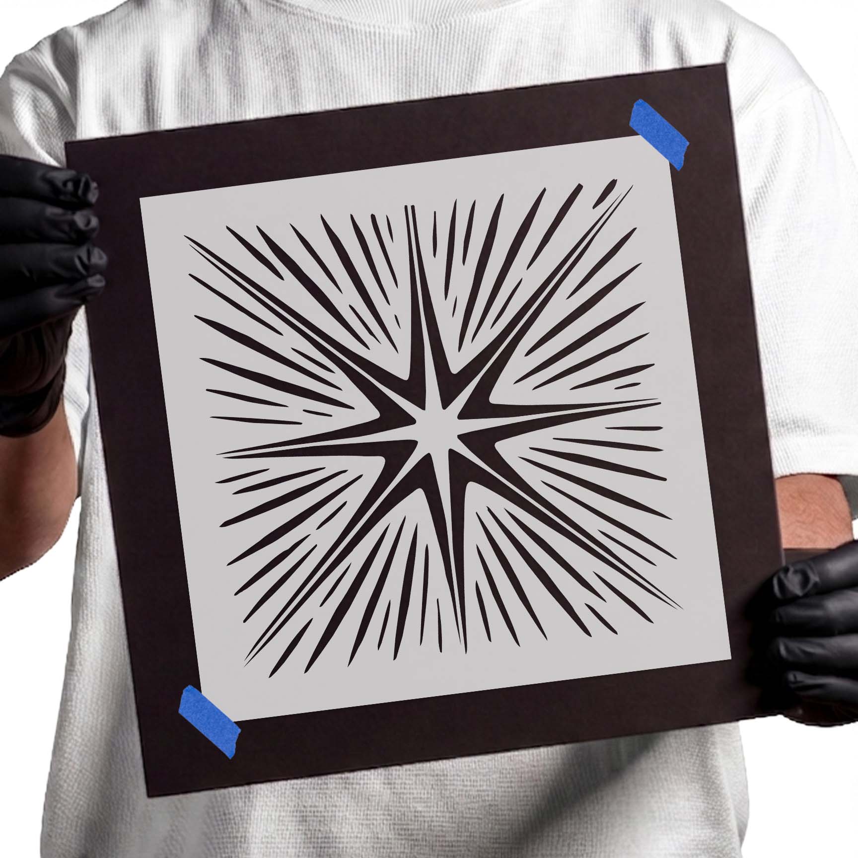 Eight-point star with radiating burst lines stencil design
