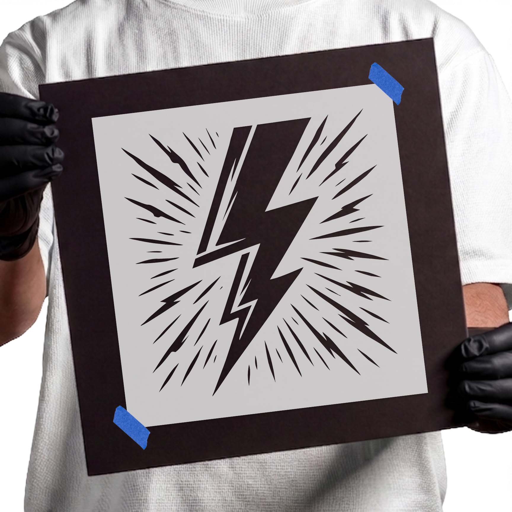 Bold lightning bolt with radiating energy burst stencil design
