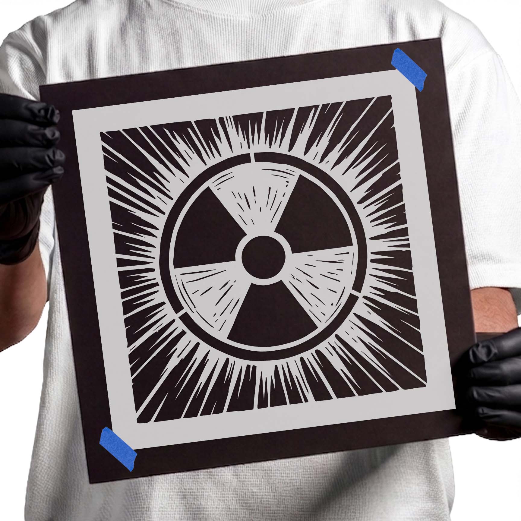 Radiation warning symbol stencil with bold hazard icon and dynamic burst rays
