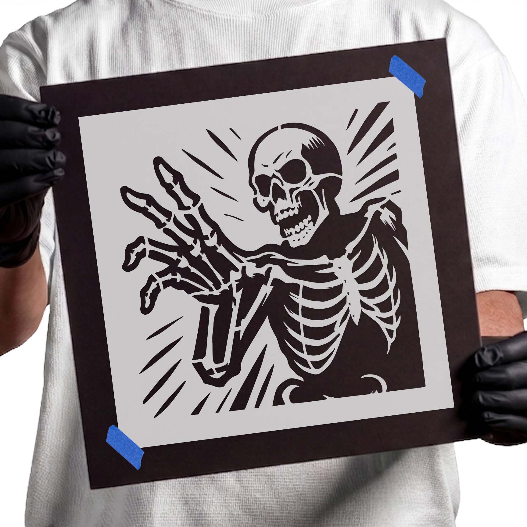 Reaching skeleton stencil with detailed skull and outstretched bony hand