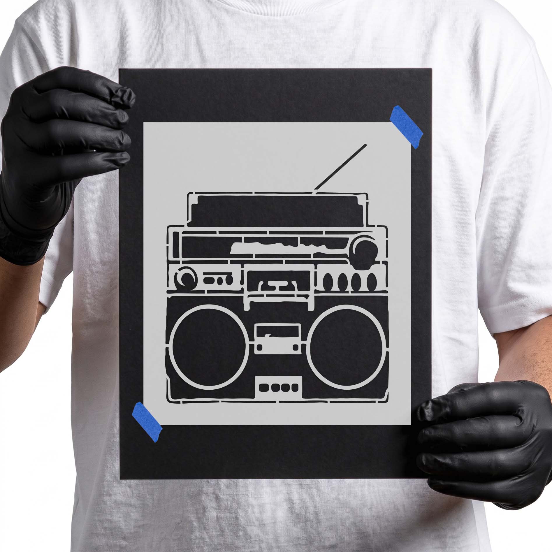 Retro portable boombox with cassette deck and speakers
