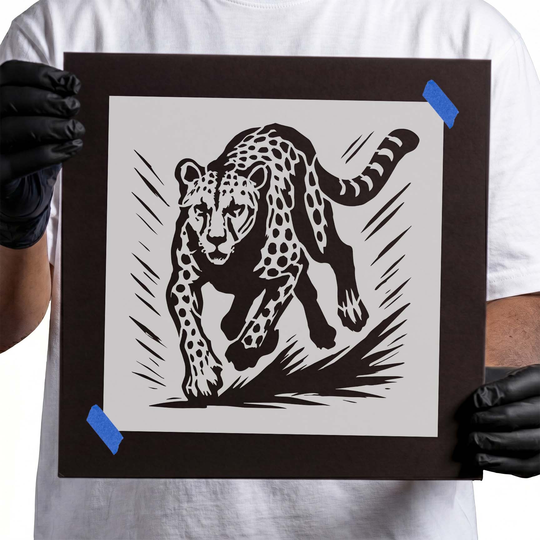 Running cheetah with detailed spots and motion lines stencil