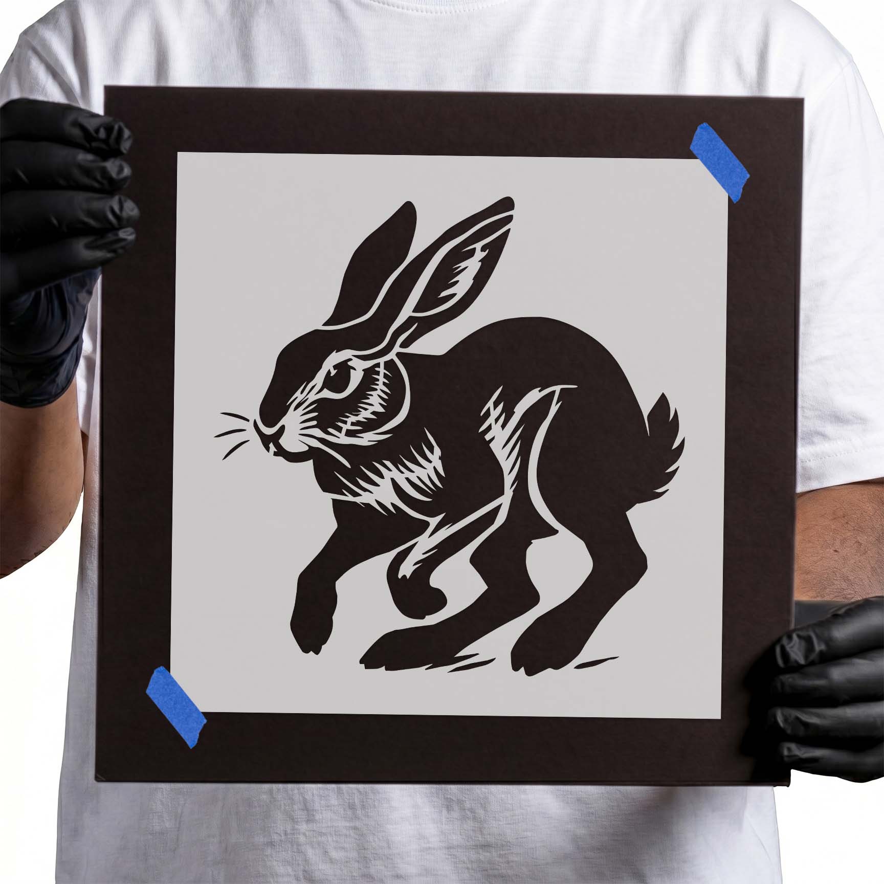 Running jackrabbit stencil with detailed fur and upright ears