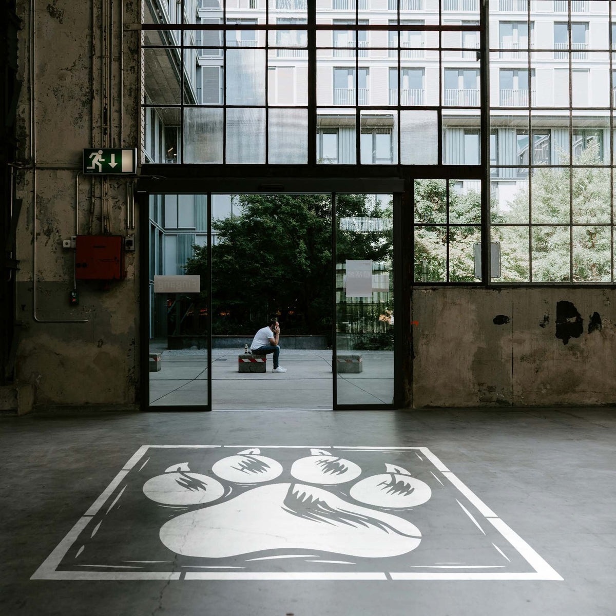 Rustic Bear Paw Print Frame Stencil painted large on an industrial concrete floor