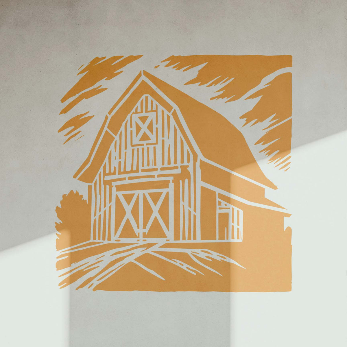 Warm gold Rustic Country Barn Landscape Stencil displayed on a sunlit interior wall