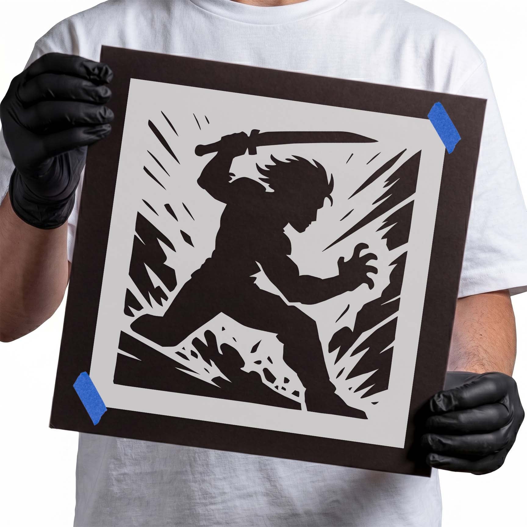 Warrior silhouette stencil charging with raised sword and action lines
