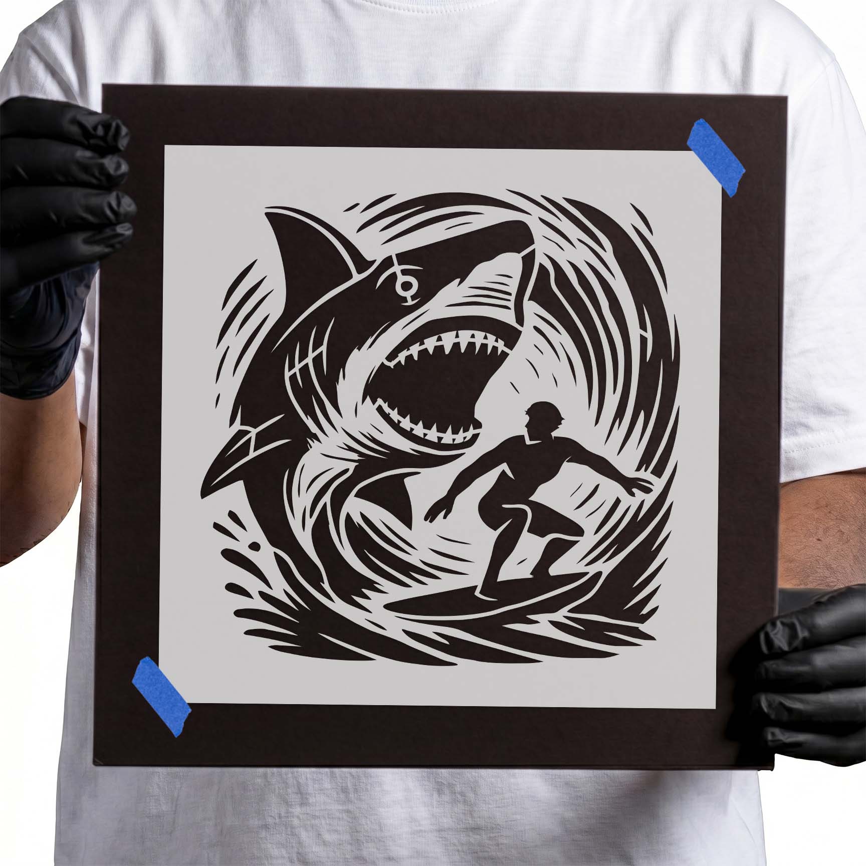 Shark chasing a surfer in a crashing wave stencil
